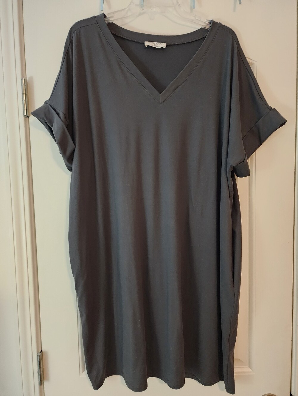 Zenana V-Neck Short Sleeve Stretchy Soft Knit Dress Slate Gray 2X Minimalist